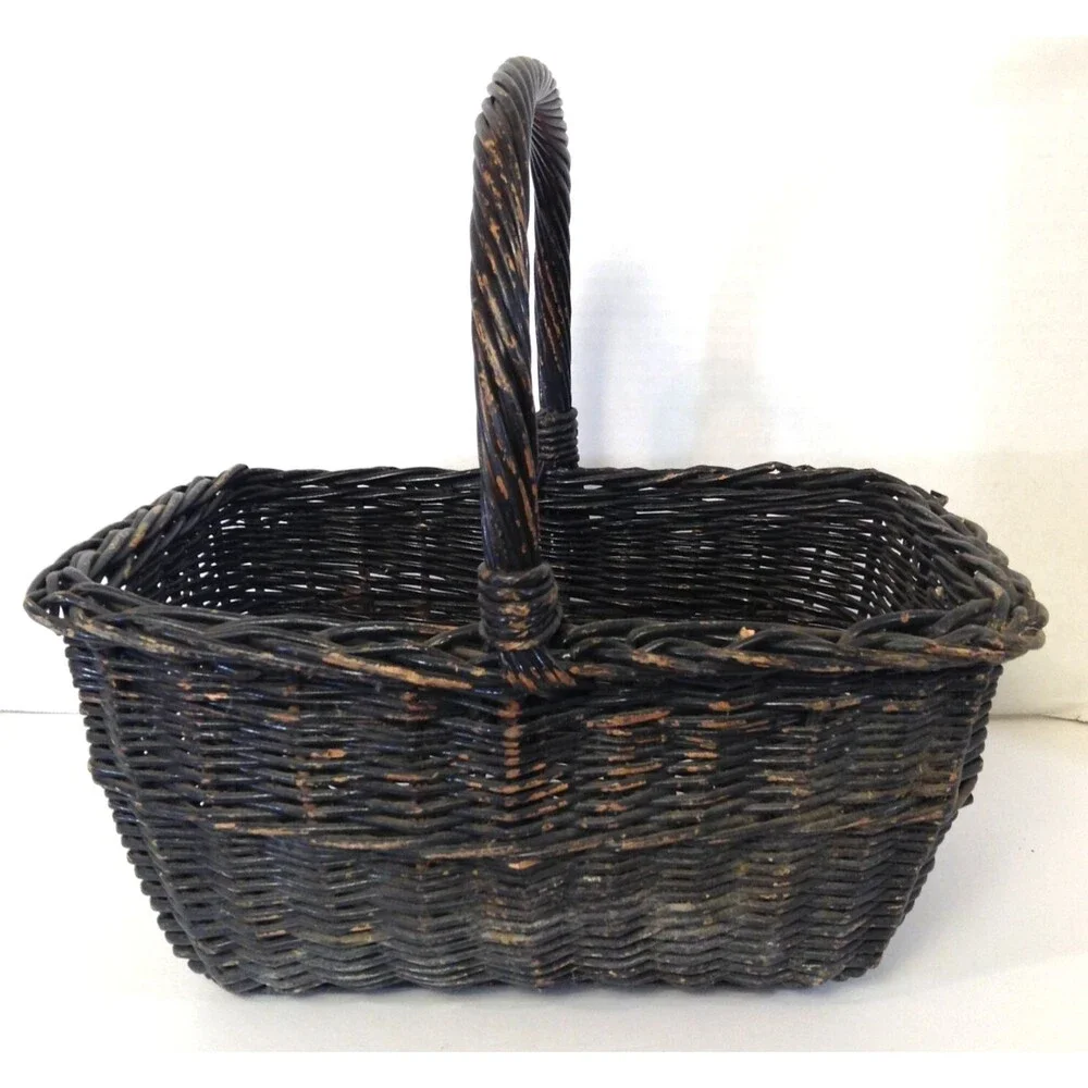 Vtg Wicker Basket Brown Gathering Bread Rattan Woven Country Farm Handle 13x6